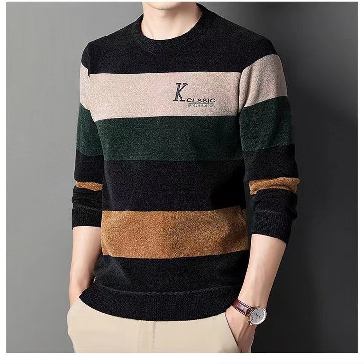 2024冬季加绒保暖衣圆领加厚中老年针织打底衫加绒男士雪尼尔上衣