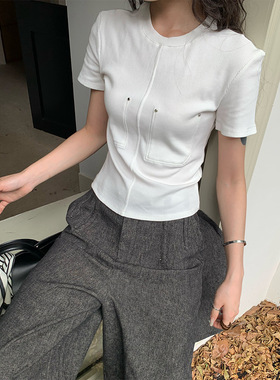 2024设计感短袖t恤女2024新款时尚T恤修身显瘦圆领正肩上衣81990