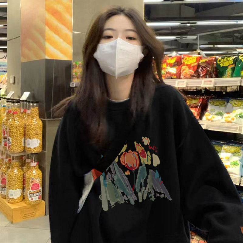 2025春秋长袖上衣宽松oversize潮牌圆领黑色冰玫瑰卫衣女休闲百搭,女装/女士精品,卫衣/绒衫,淘宝优惠券,粉丝福利购,淘宝优惠卷