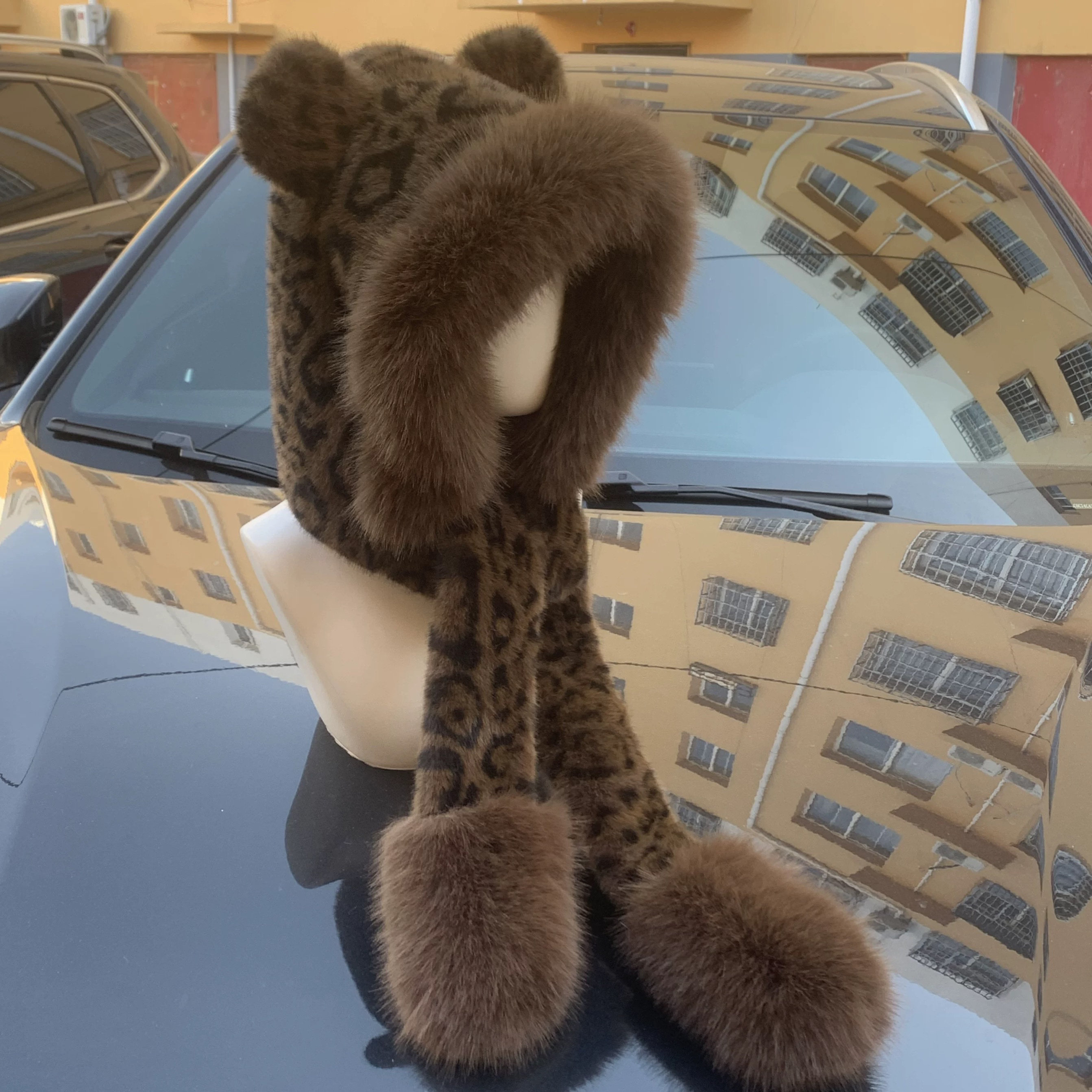 进口洋气可爱保暖双面貂绒帽子围巾一体狐狸耳朵加厚豹纹防寒护耳,服饰配件/皮带/帽子/围巾,帽子,淘宝优惠券,粉丝福利购,淘宝优惠卷