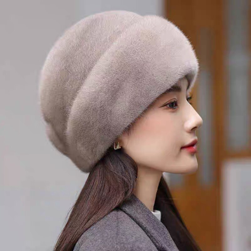 美国进口新款水貂毛帽子女冬貂皮贝雷帽保暖护耳皮草帽子时尚女士