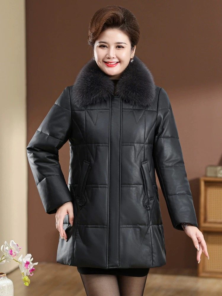 真皮羽绒服女中长款狐狸毛领绵羊皮皮衣外套中老年妈妈装冬季加厚