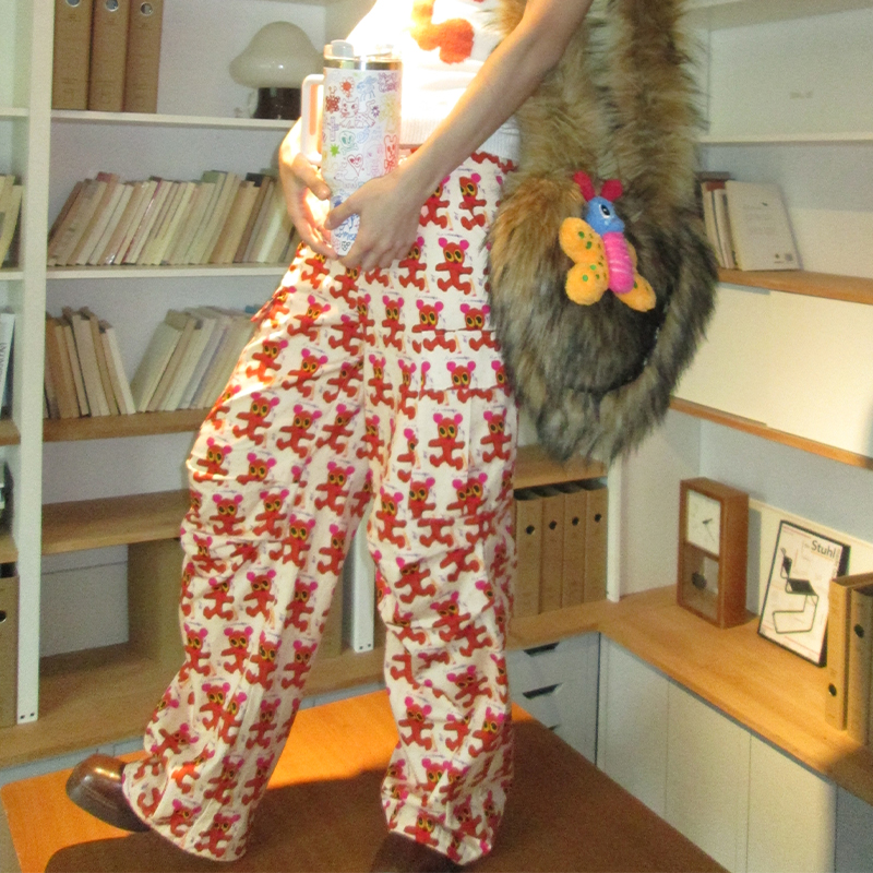 iscreamcolour MOF手绘印花满印奔跑小熊工装裤涂鸦阔腿休闲裤