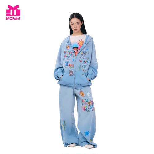 MOF连帽拉链卫衣套装水洗蓝印花