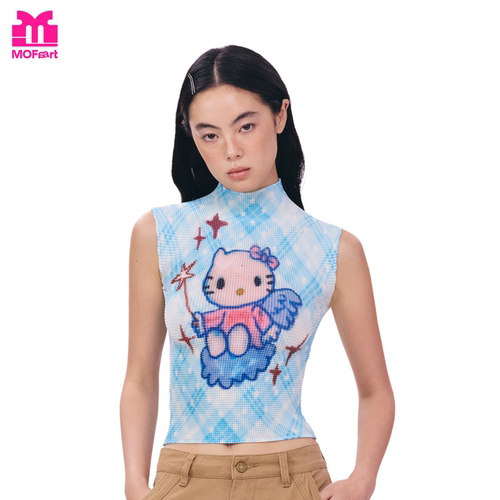 MOF褶皱衫无袖T恤女蓝格黑底紫熊
