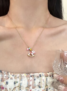 高级感珐琅滴釉旋转木马项链女
