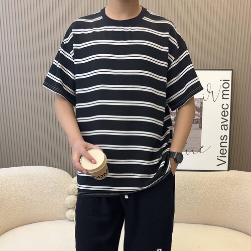 棉绸上衣男士夏季薄款大码宽松休闲半袖条纹t恤衫外穿人造棉短袖