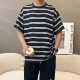 大码 薄款 宽松休闲半袖 条纹t恤衫 棉绸上衣男士 外穿人造棉短袖 夏季