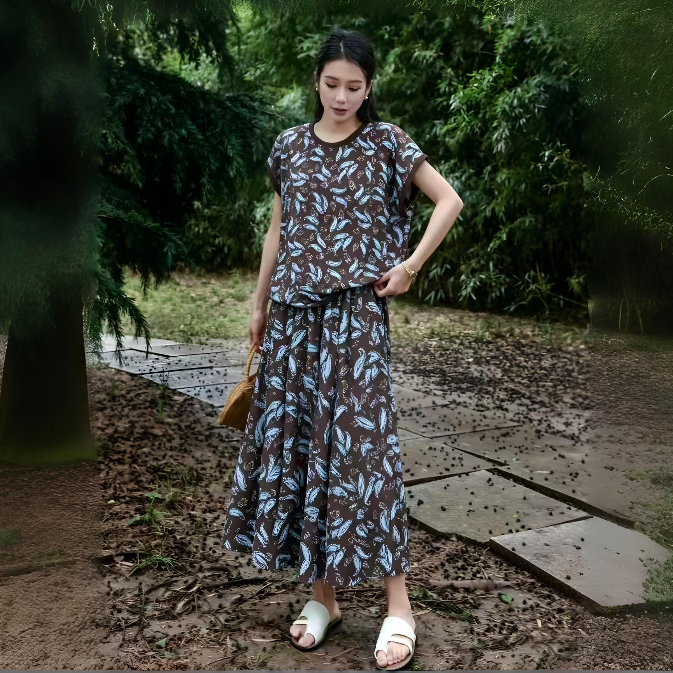 棉绸套装女夏季薄款大码时尚短袖裙裤外穿人造棉家居服绵绸睡衣