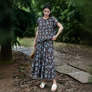 棉绸套装女夏季薄款大码时尚短袖裙裤外穿人造棉家居服绵绸睡衣