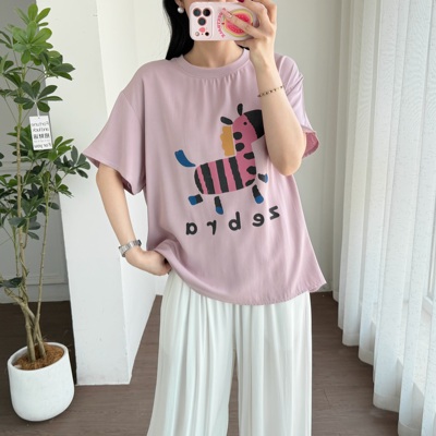 棉绸短袖上衣女夏季新款纯色圆领卡通印花宽松显瘦薄款人造棉t恤