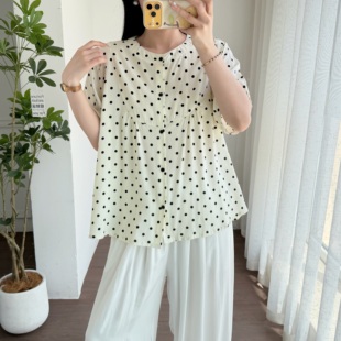 棉绸休闲风波点开衫衬衫女夏季薄款宽松大码短袖显瘦遮肚外穿上衣