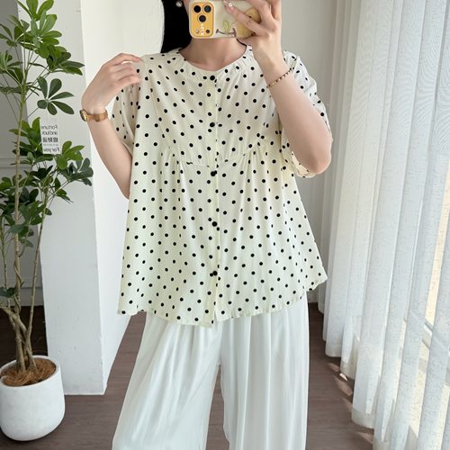 棉绸休闲风波点开衫衬衫女夏季薄款宽松大码短袖显瘦遮肚外穿上衣