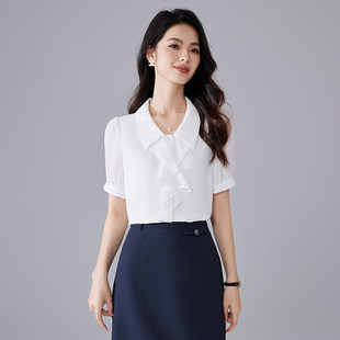 诗璐雅白色短袖衬衫女士夏季法式高级感上衣雪纺衫气质荷叶边衬衣