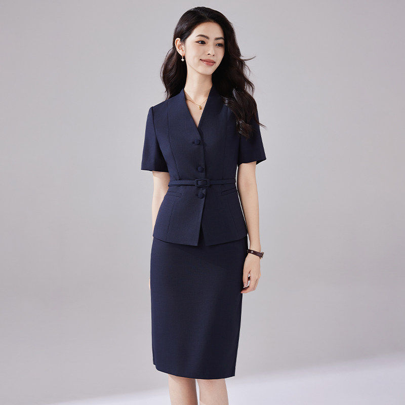 诗璐雅藏青色短袖西装套装女夏季职业工作服通勤裙西服西裙两件套