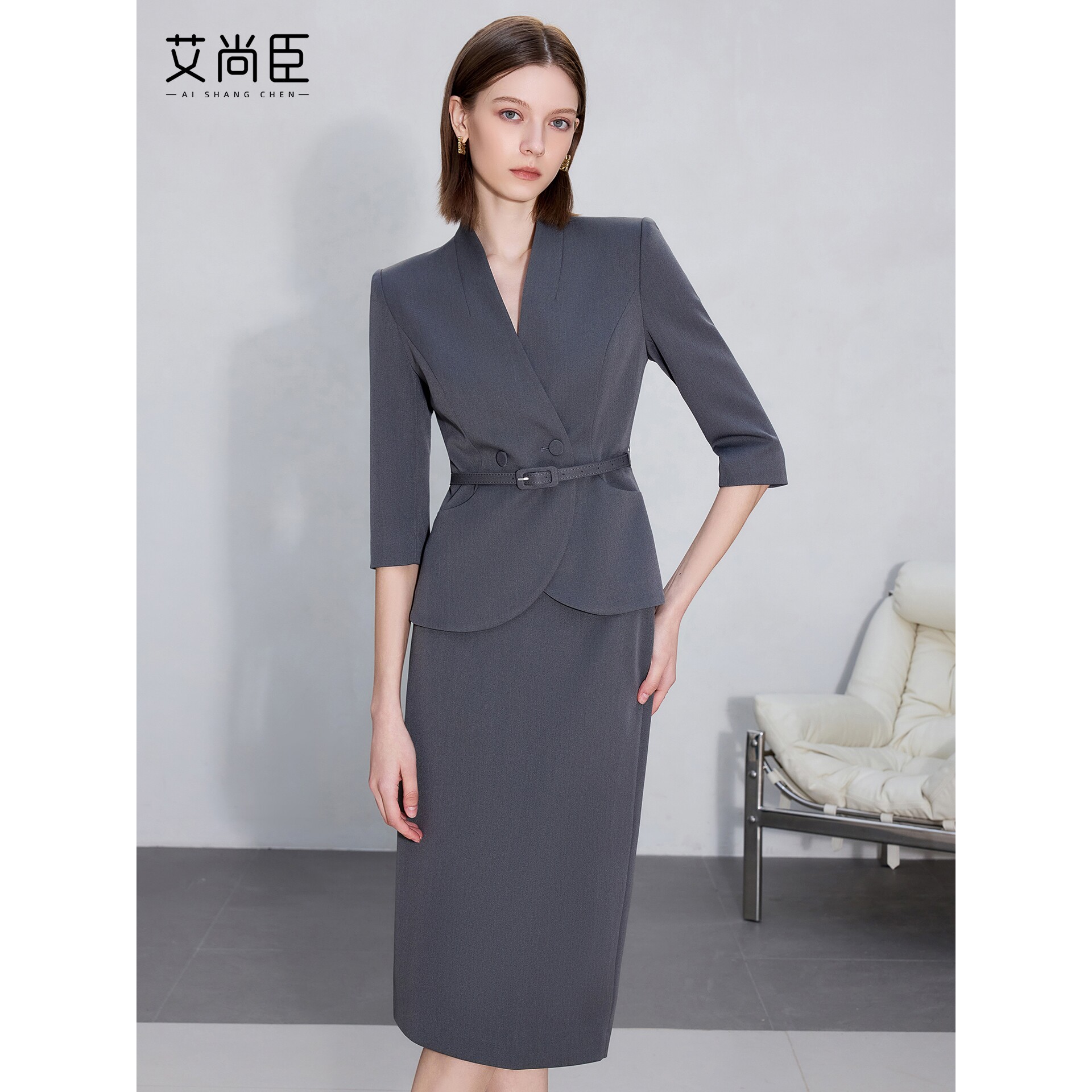 艾尚臣职业西装套装裙女秋深灰色职场西服正装上班通勤修身工作服