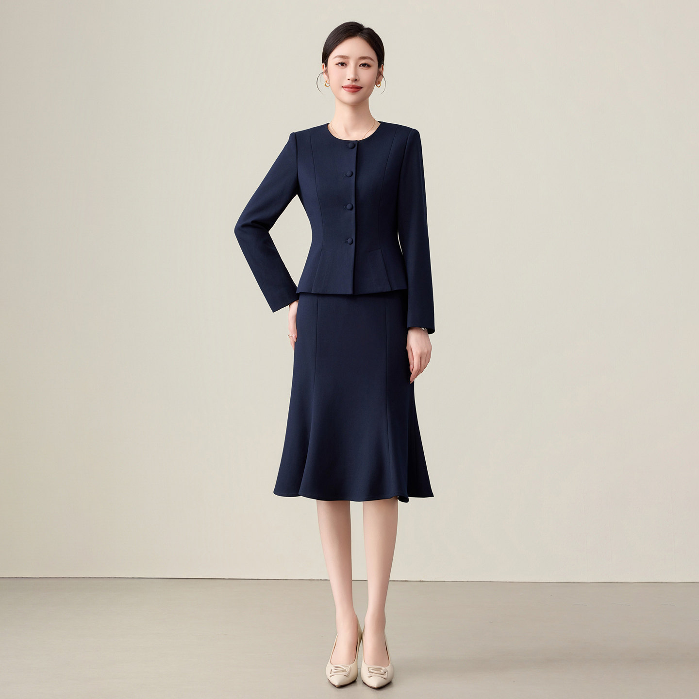 钟老板高级感藏青色职业套装女新款气质显瘦西装半裙两件套工作服
