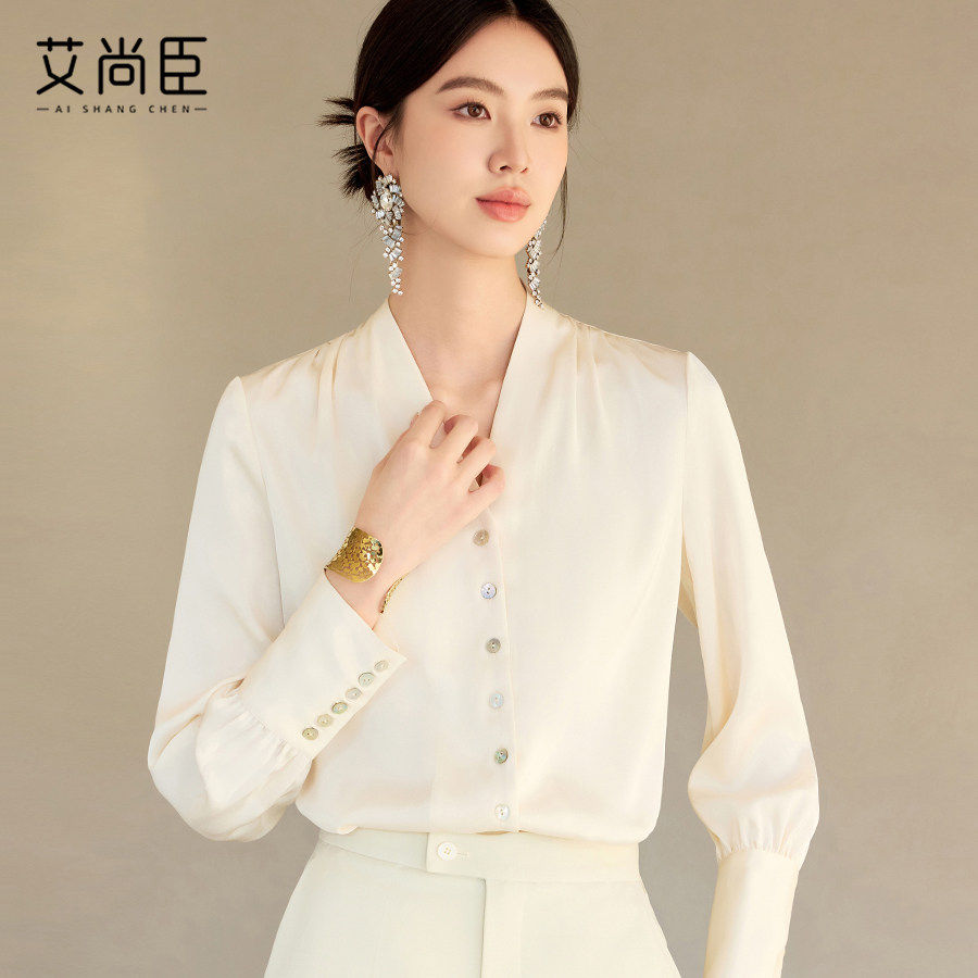 艾尚臣纯色高端轻奢气质女士长袖衬衫女2026早春高级感上衣衬衣滑