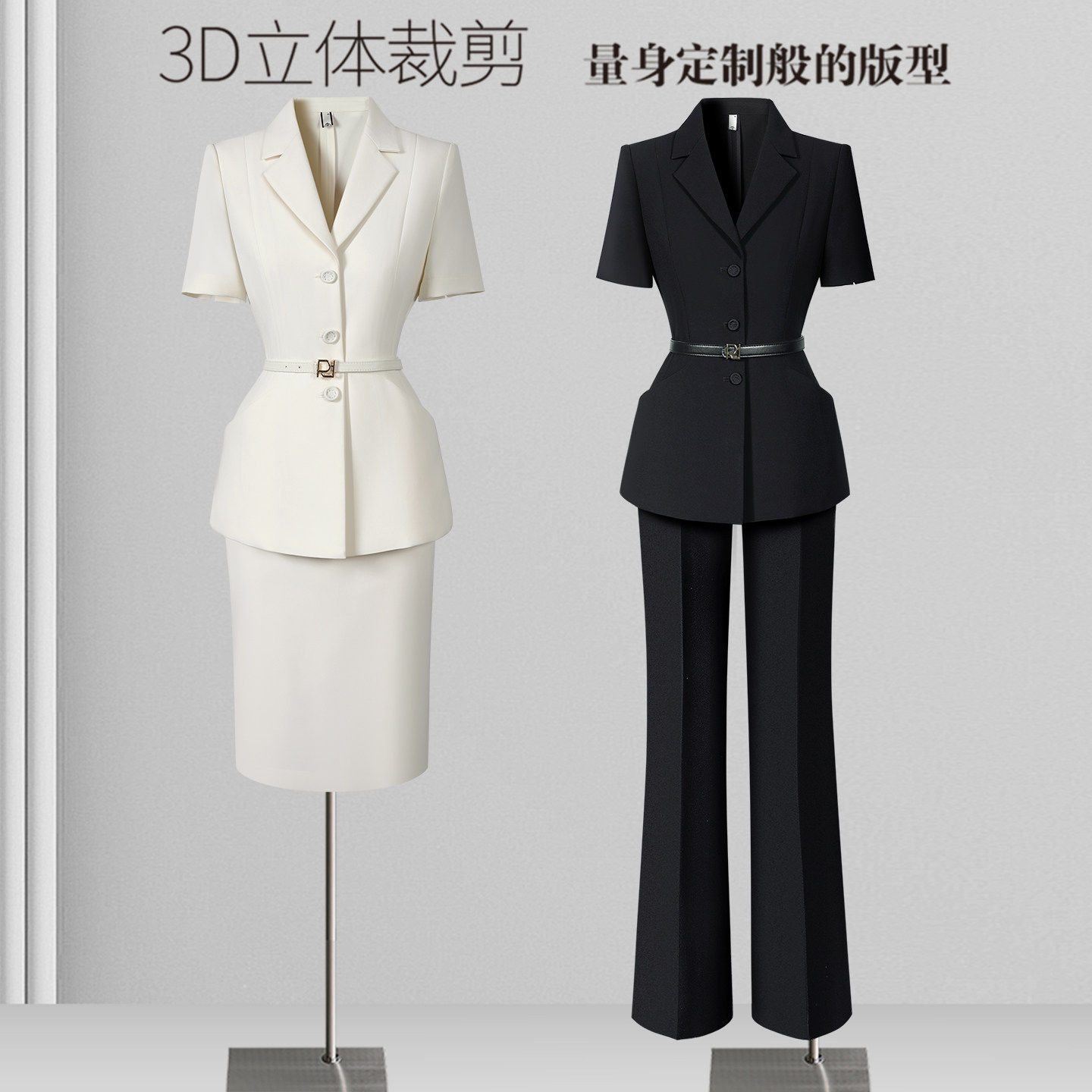 职业西装套装女夏薄款短袖黑色西服气质干练柜姐前台珠宝店工作服