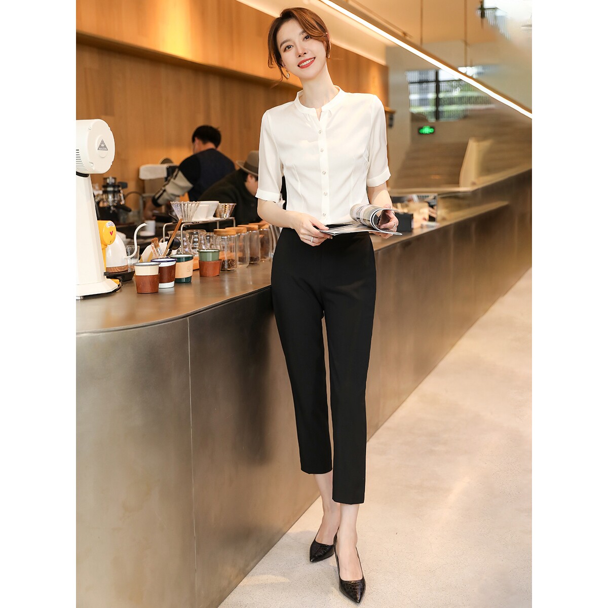 诗璐雅气质职业装白衬衫女夏季时尚雪纺衬衣西裤套装女神范工作服