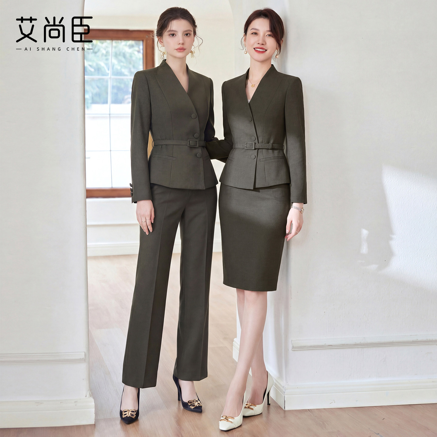 艾尚臣西装套装女棕绿色西服职业装正式场合穿搭通勤正装两件套春