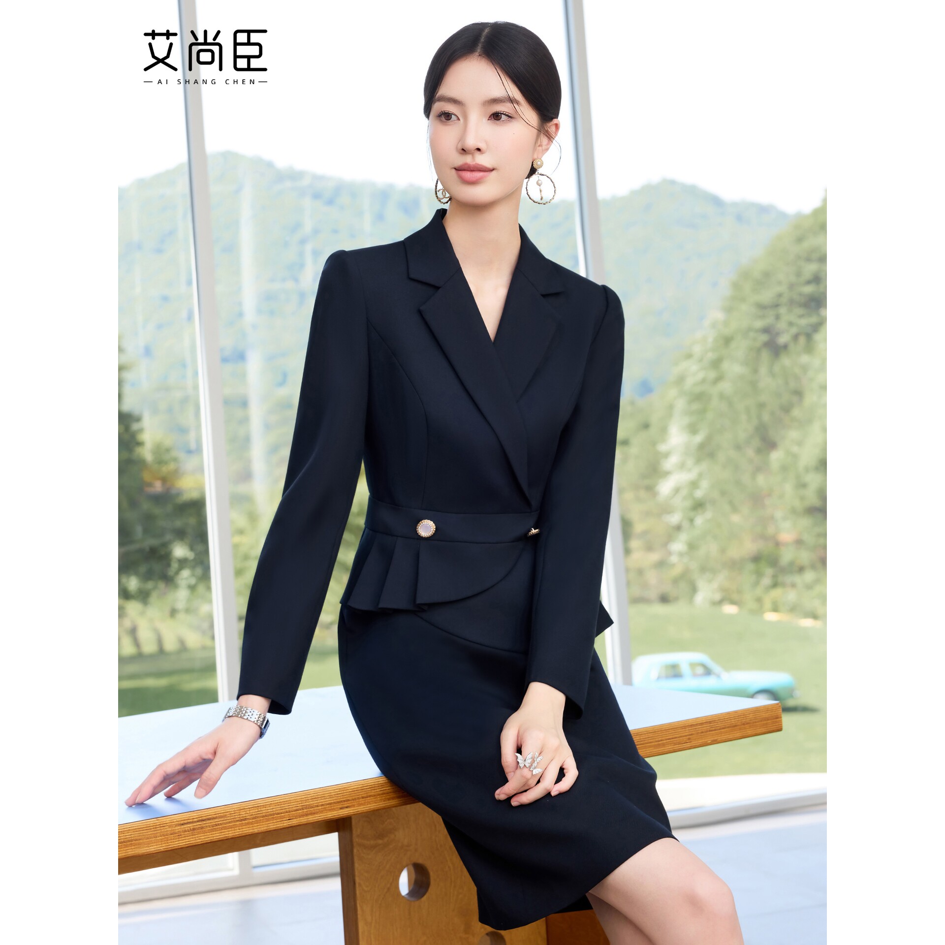 艾尚臣新款藏青色高级感假两件连衣裙修身显瘦气质时尚职场工作服