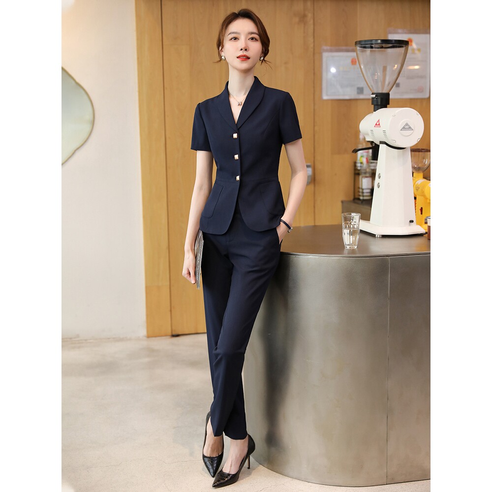 诗璐雅短袖职业套装女夏天气质短款小西装白领通勤商务工作服薄款