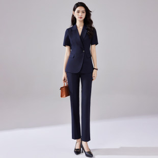 藏青色简约干练通勤职业装 诗璐雅一粒扣西装 短袖 女夏季 OL工服 套装