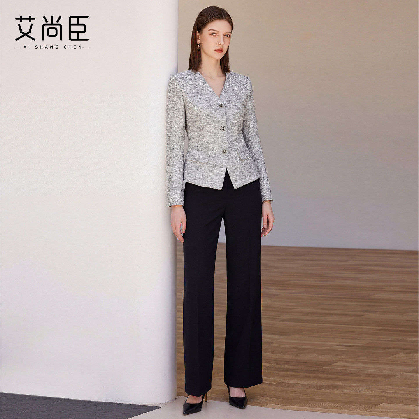 艾尚臣轻奢通勤正装女V领西装外套阔腿裤西服套装气质职场百搭款