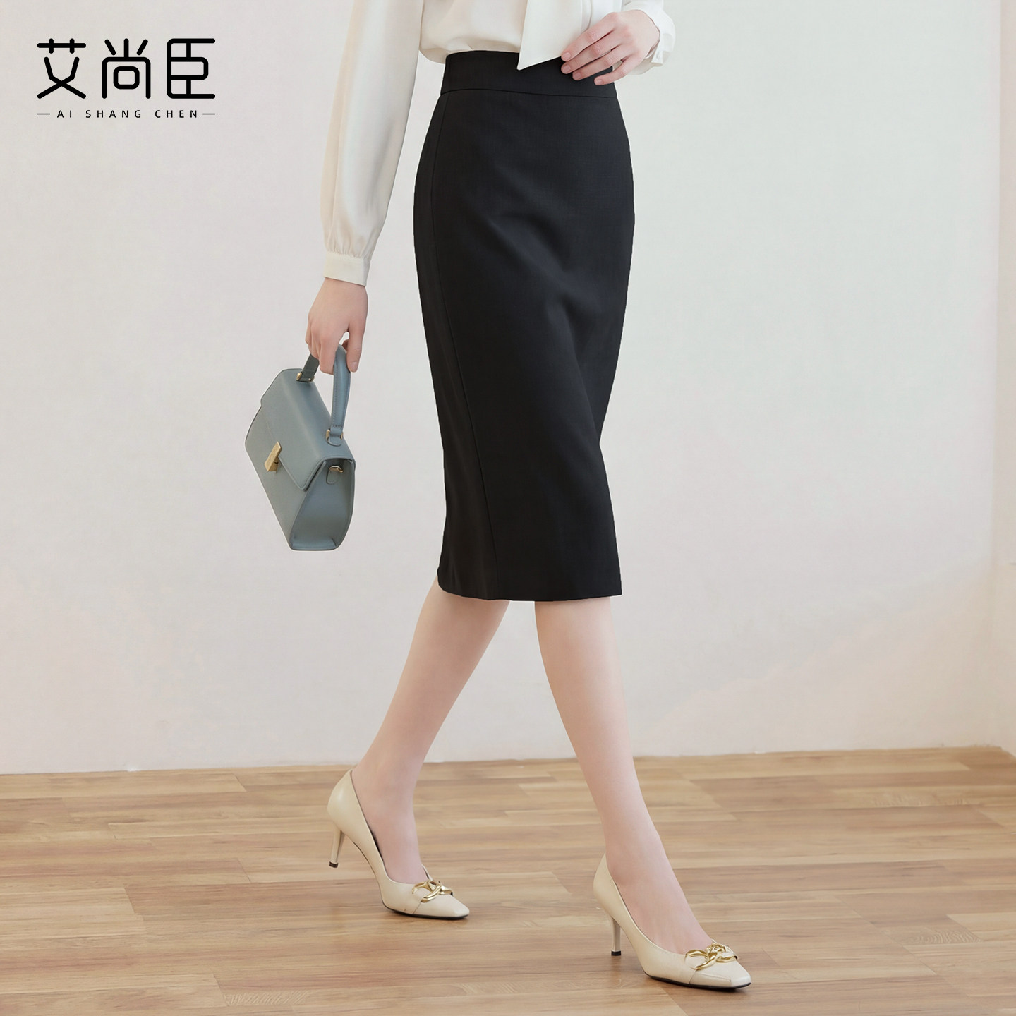艾尚臣简约黑色半身裙女高腰包臀中长裙通勤职业一步裙面试直筒裙