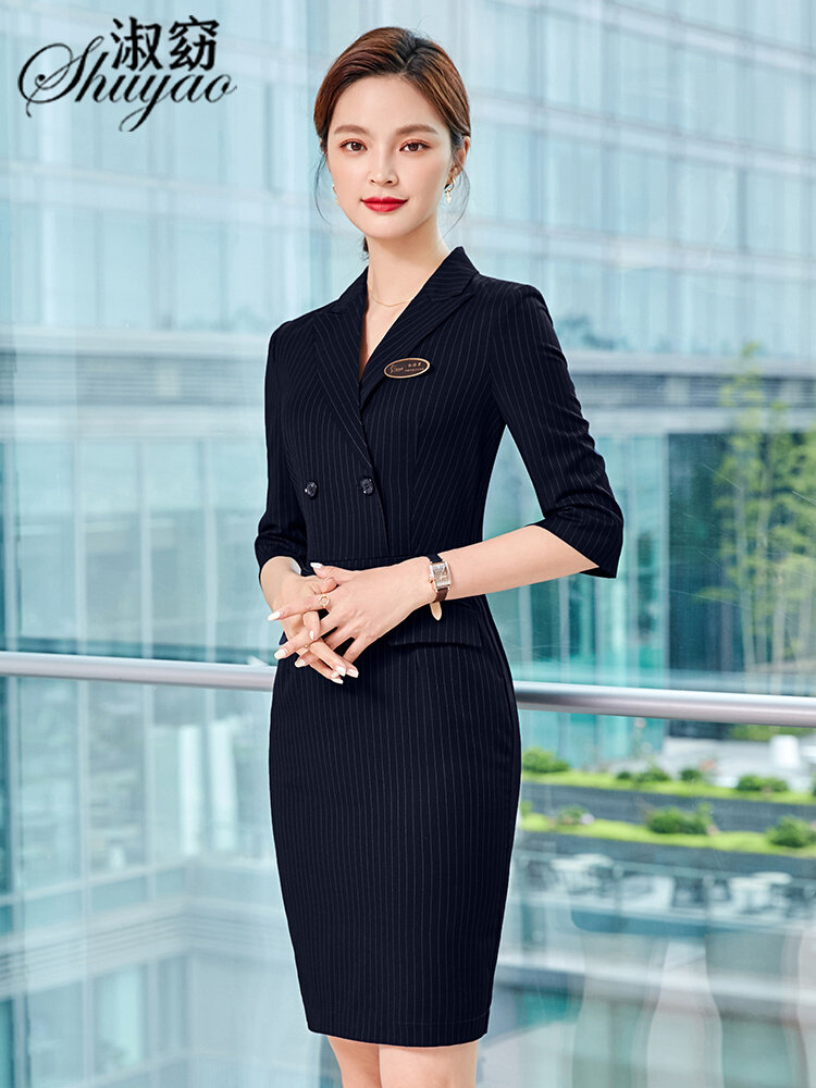 高端职业条纹连衣裙夏薄款职场售楼部珠宝店导购工作服气质女神范