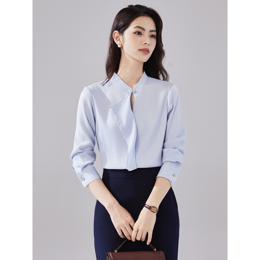 诗璐雅浅蓝色法式小资小上衣女长袖设计感职业衬衫日常通勤衬衣