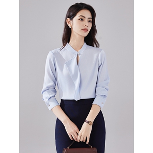 诗璐雅浅蓝色法式小资小上衣女长袖设计感职业衬衫日常通勤衬衣