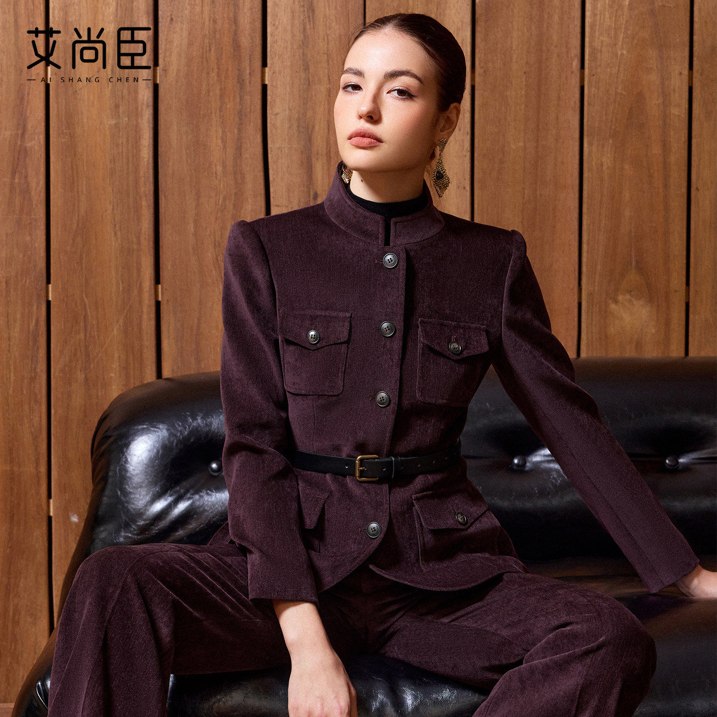 艾尚臣老钱风立领西装套装女冬季收腰职业装通勤西服两件套高级感