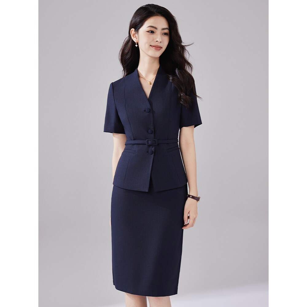 诗璐雅藏青色短袖西装套装女夏季职业工作服通勤裙西服西裙两件套