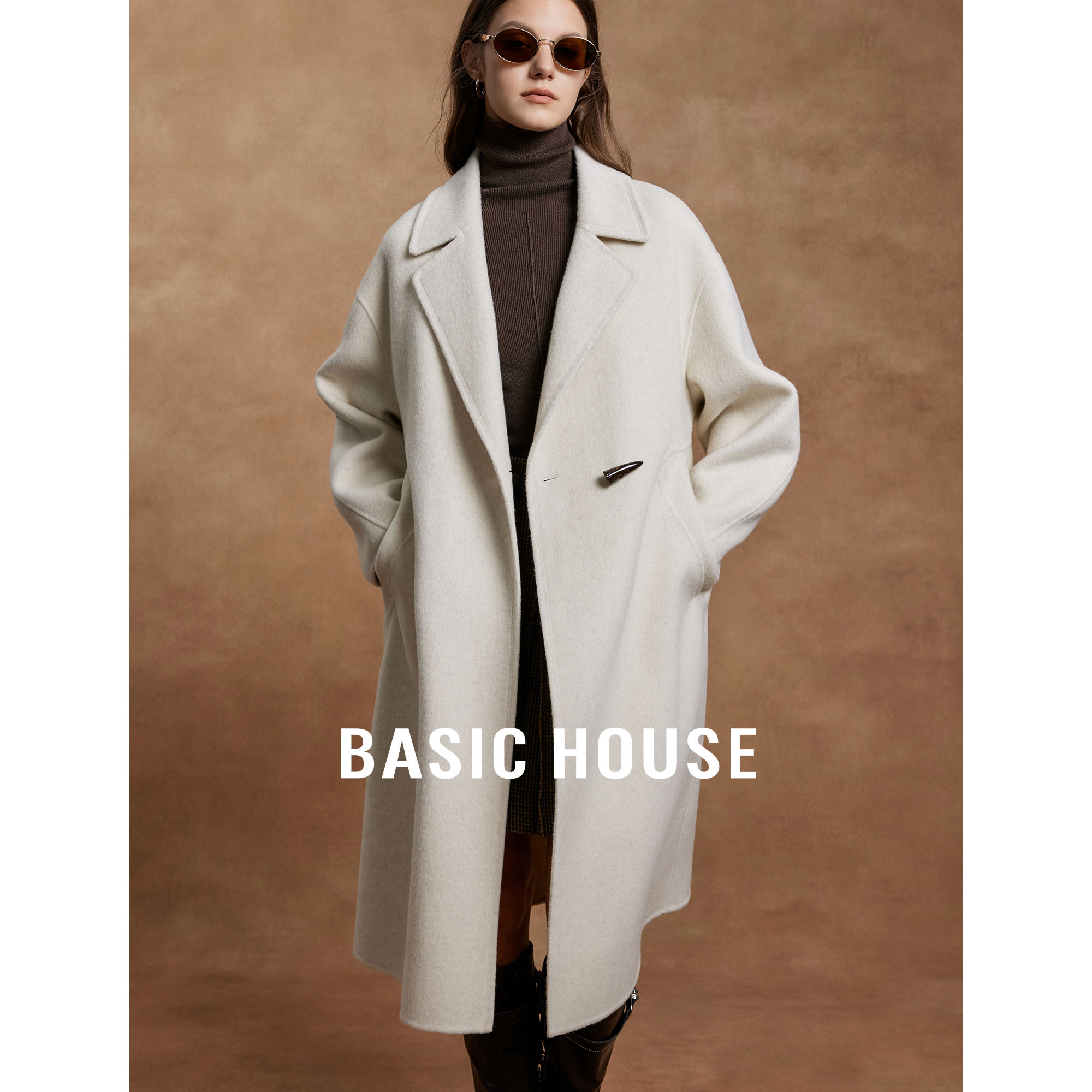 Basic House/百家好智性通勤双面羊绒大衣女2025冬季长款毛呢外套