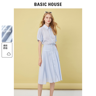 连衣裙女2024夏季 Basic 百家好收腰衬衫 显白压褶长裙 House 新款