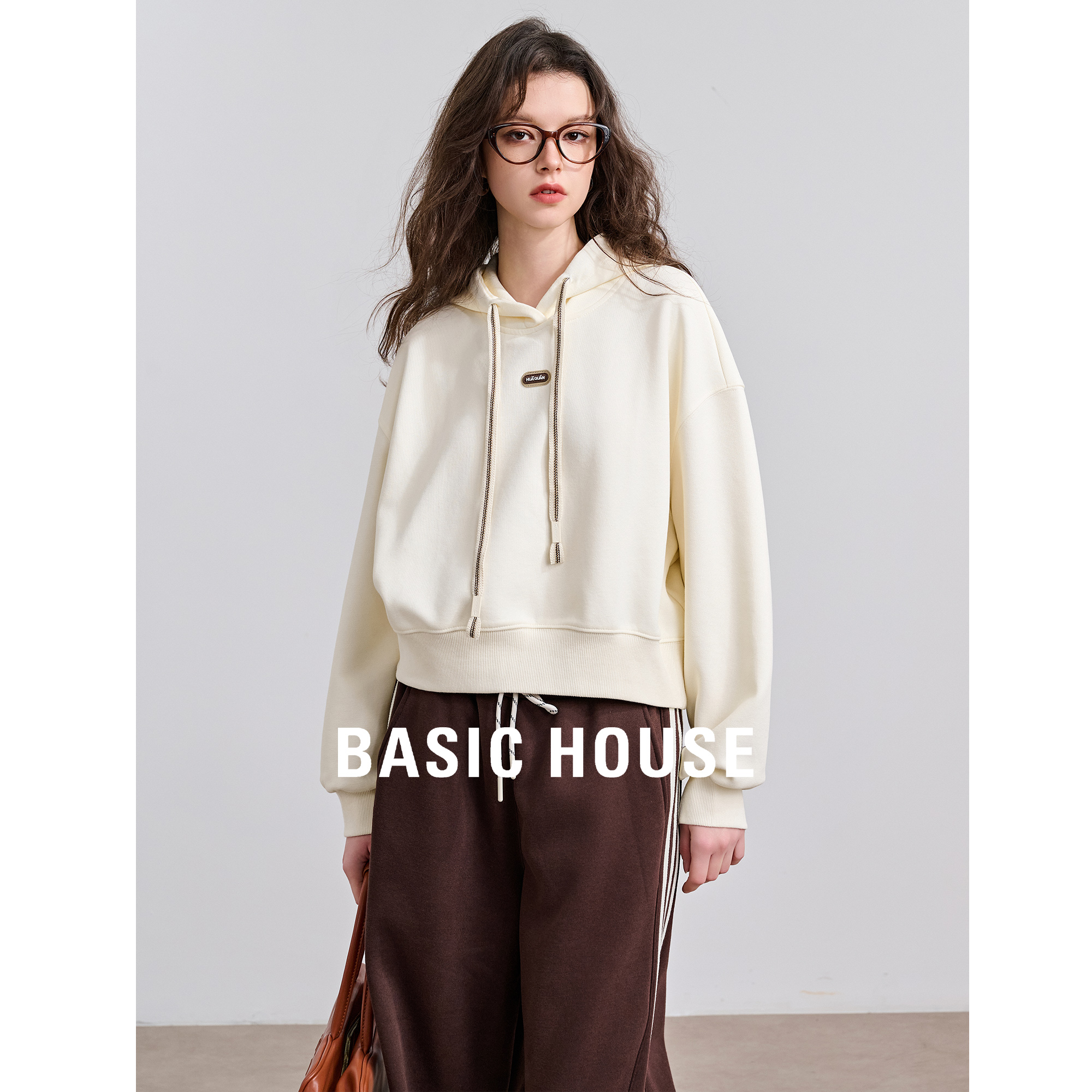 Basic House/百家好连帽卫衣外套女短款2025春季新款百搭套头上衣