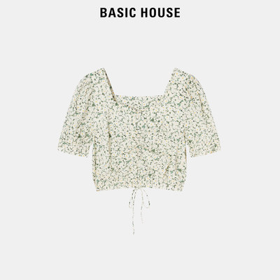 Basic House/百家好独特甜辣妹短款方领碎花女夏设计感小衫上衣