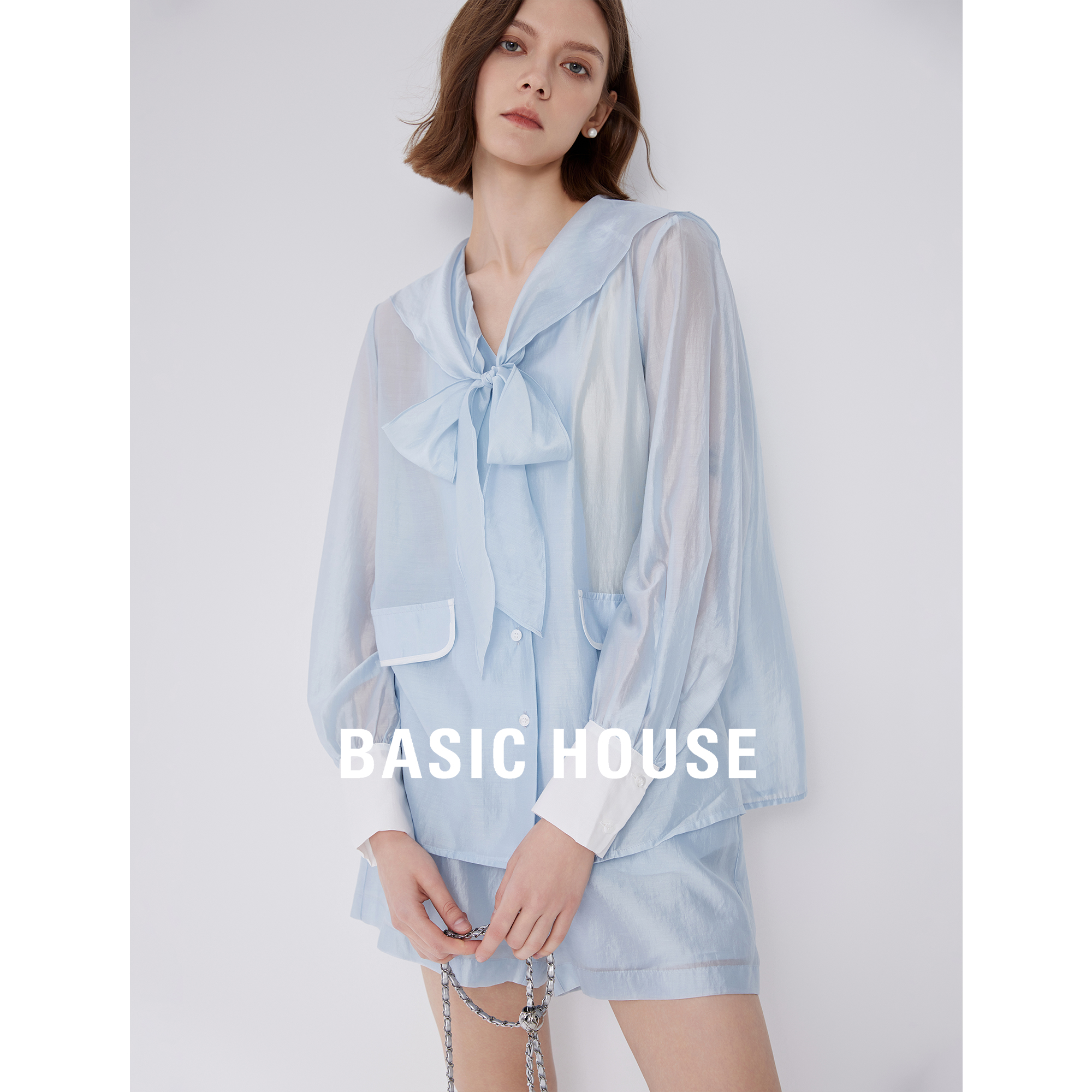 Basic House/百家好天丝透气防晒上衣女2024夏季新款时尚短裤套装