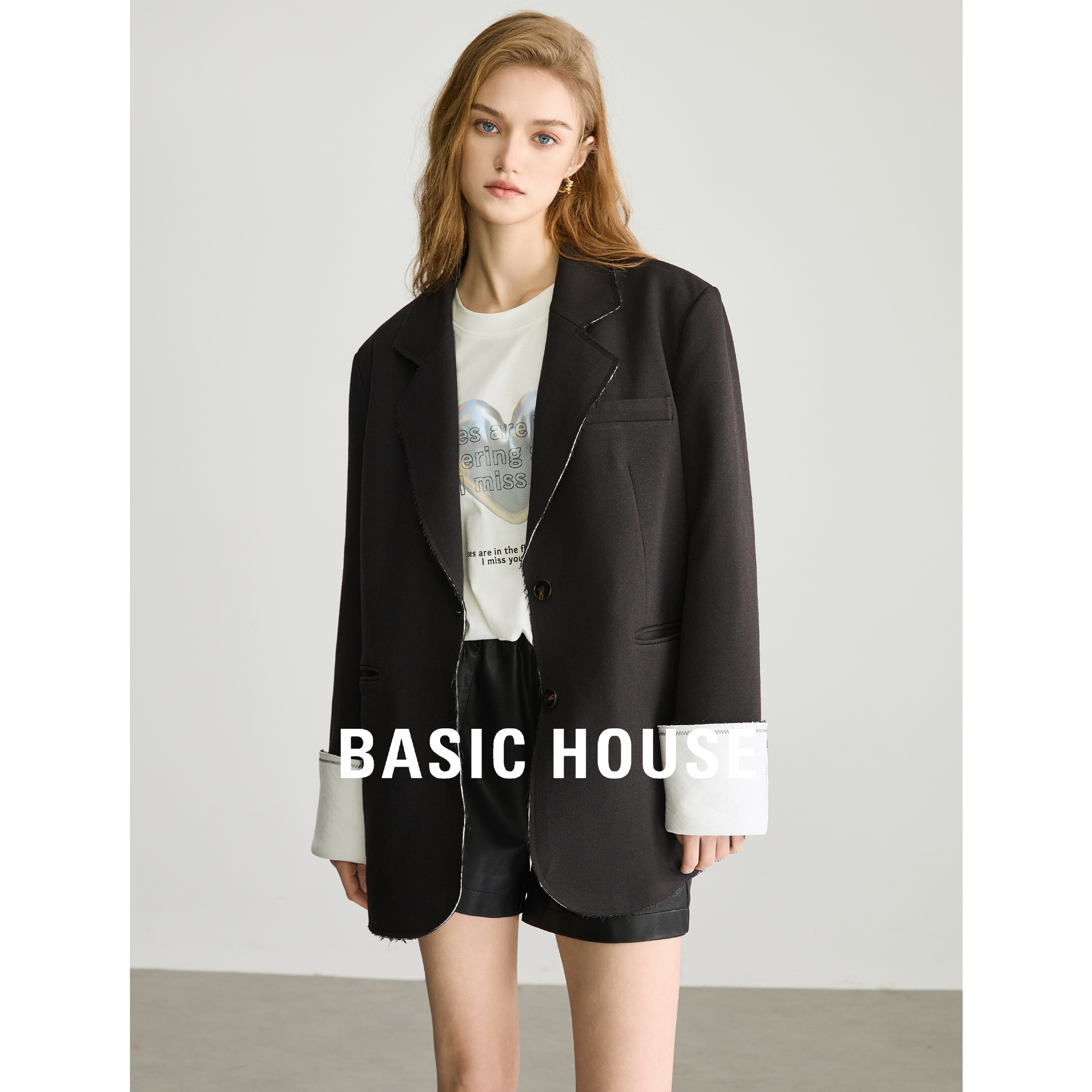 Basic House/百家好撞色高级感西装外套女2024春季新款西服上衣