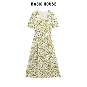 Basic House/百家好连衣裙女2024夏季新款印花气质甜美收腰长裙子