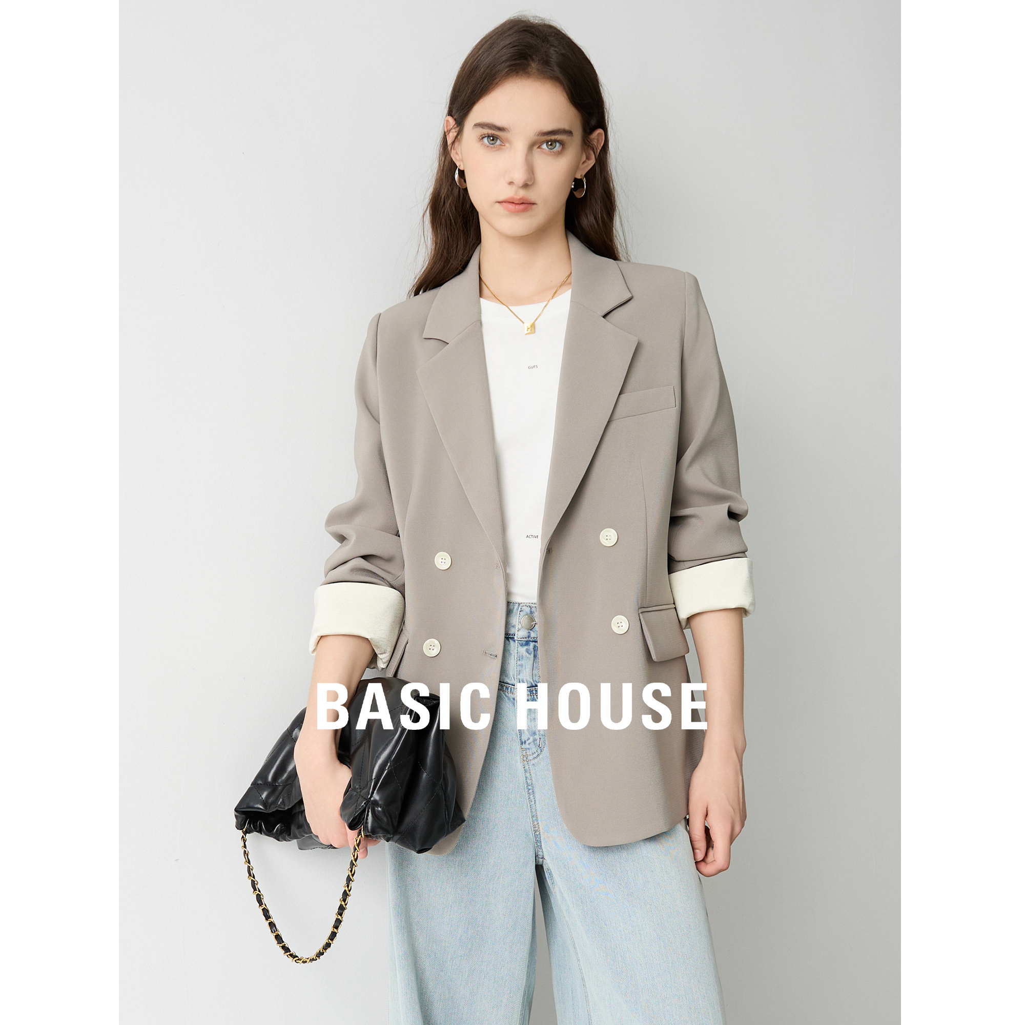 Basic House/百家好气质西装外套女2025春装新款双排扣西服上衣