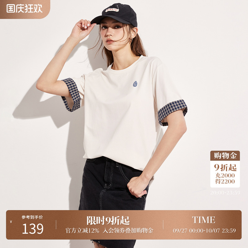 Basic House/百家好学院风拼接格子短袖T恤女2025夏季宽松打底衫