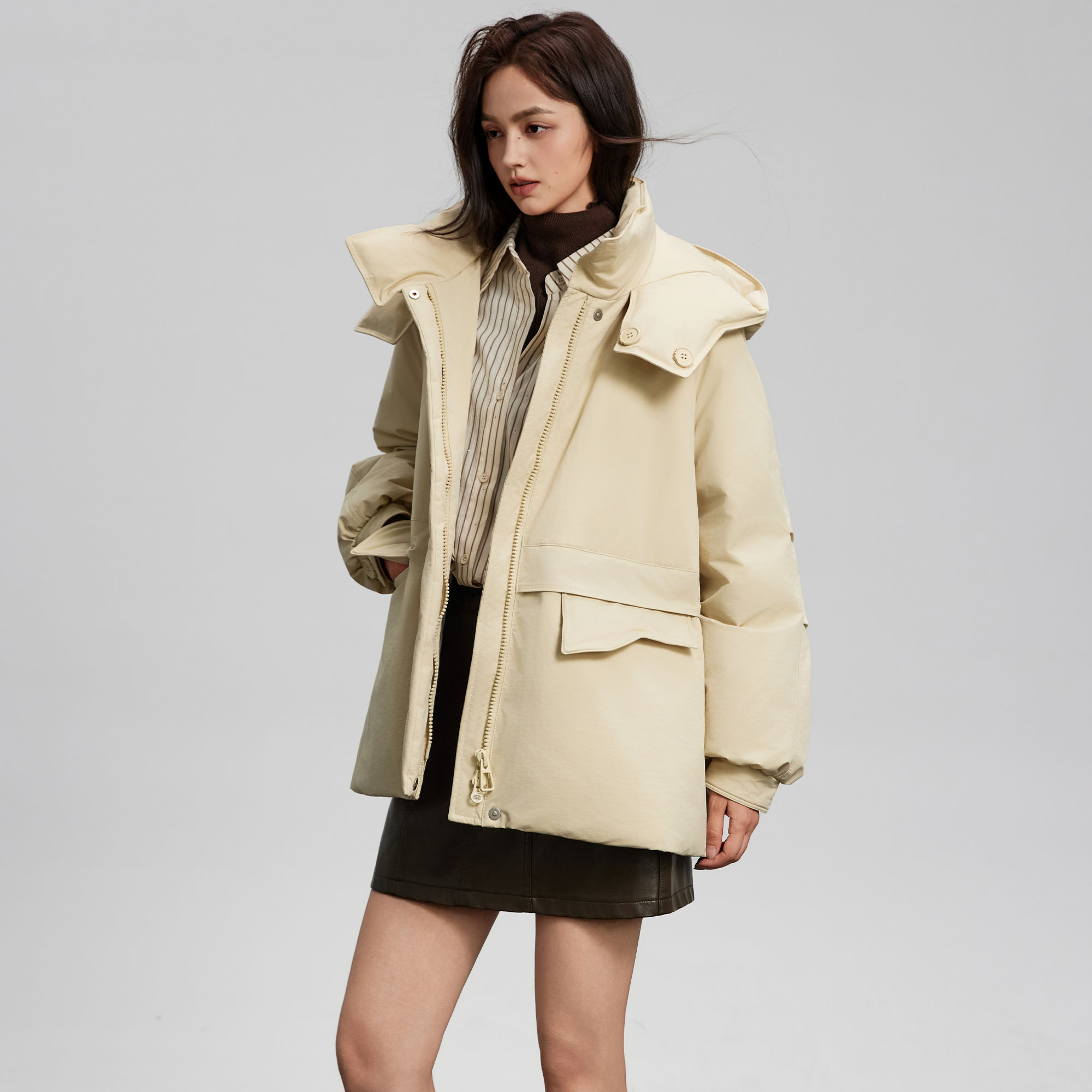 Basic House/百家好韩系简约连帽羽绒服女2025冬季宽松保暖外套