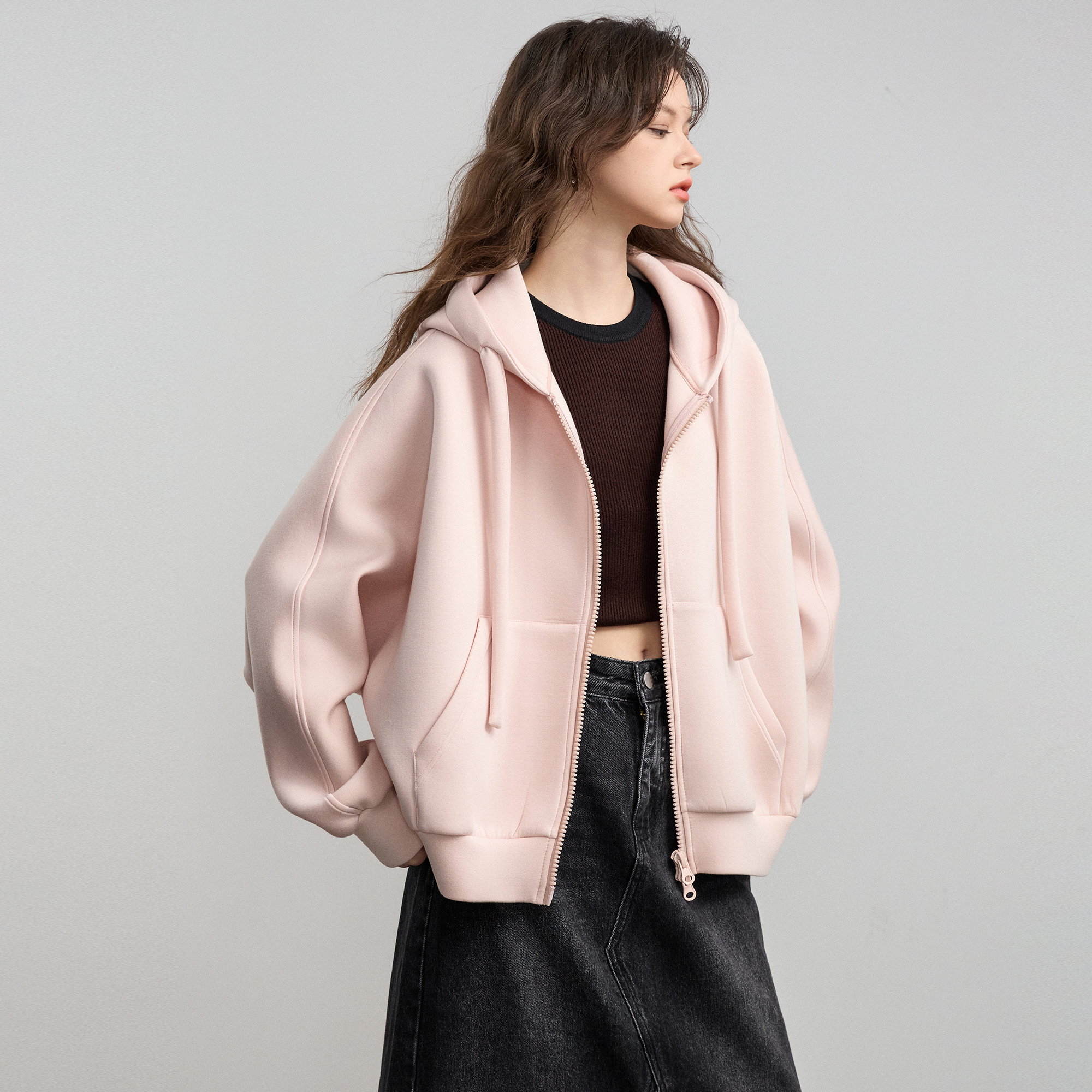 Basic House/百家好慵懒风连帽卫衣外套女2025秋季休闲帽衫上衣