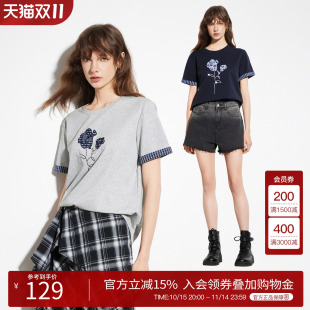 圆领T恤女2025夏季 百家好韩系短袖 拼接花朵刺绣上衣 House Basic