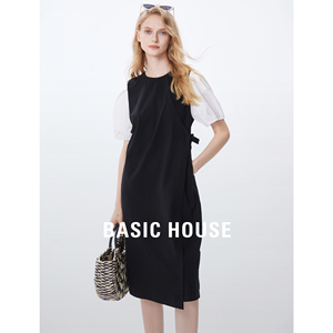 Basic House/百家好假两件拼接连衣裙女2024夏季新款泡泡袖小黑裙