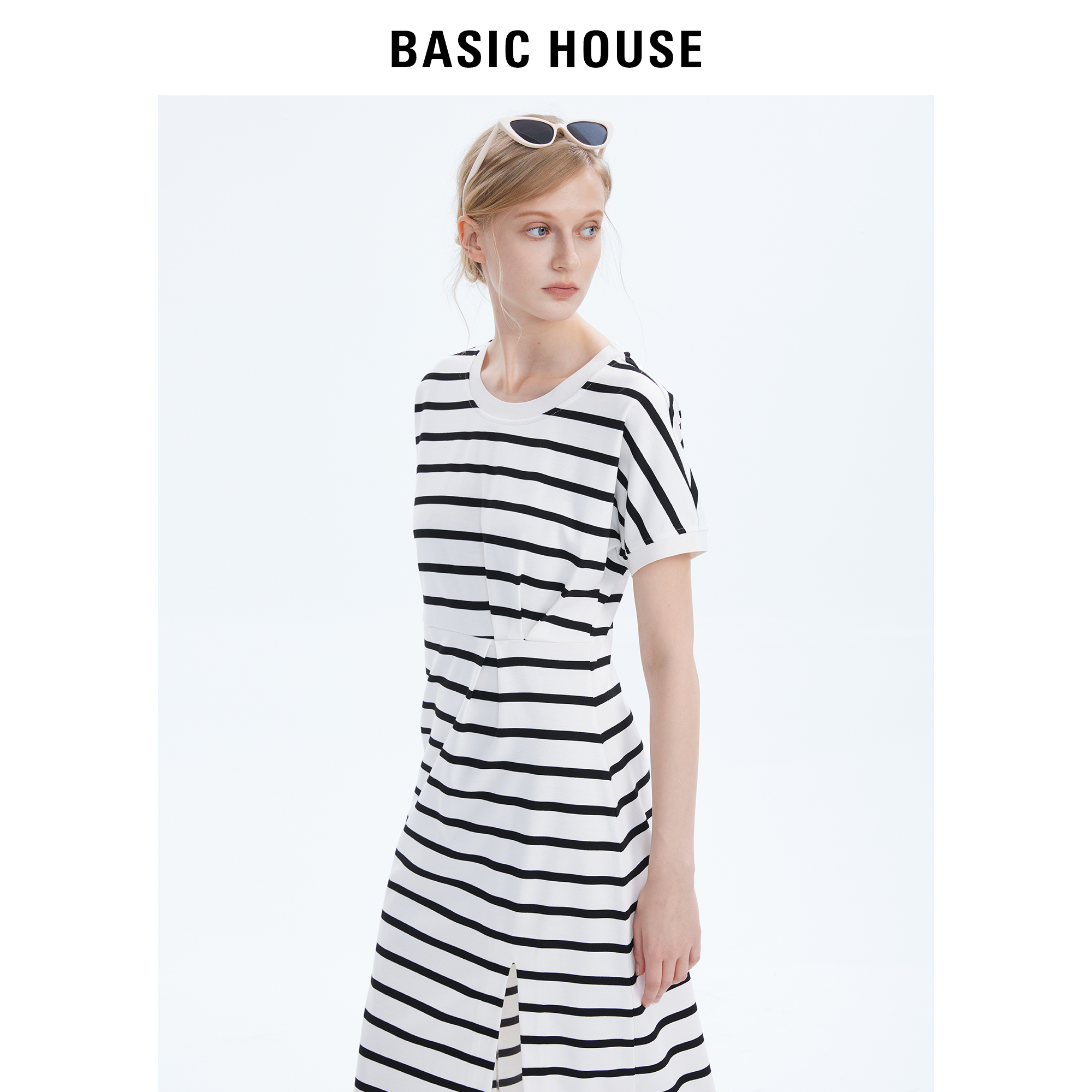 Basic House/百家好假两件卫衣长裙2024夏季新款条纹收腰连衣裙女