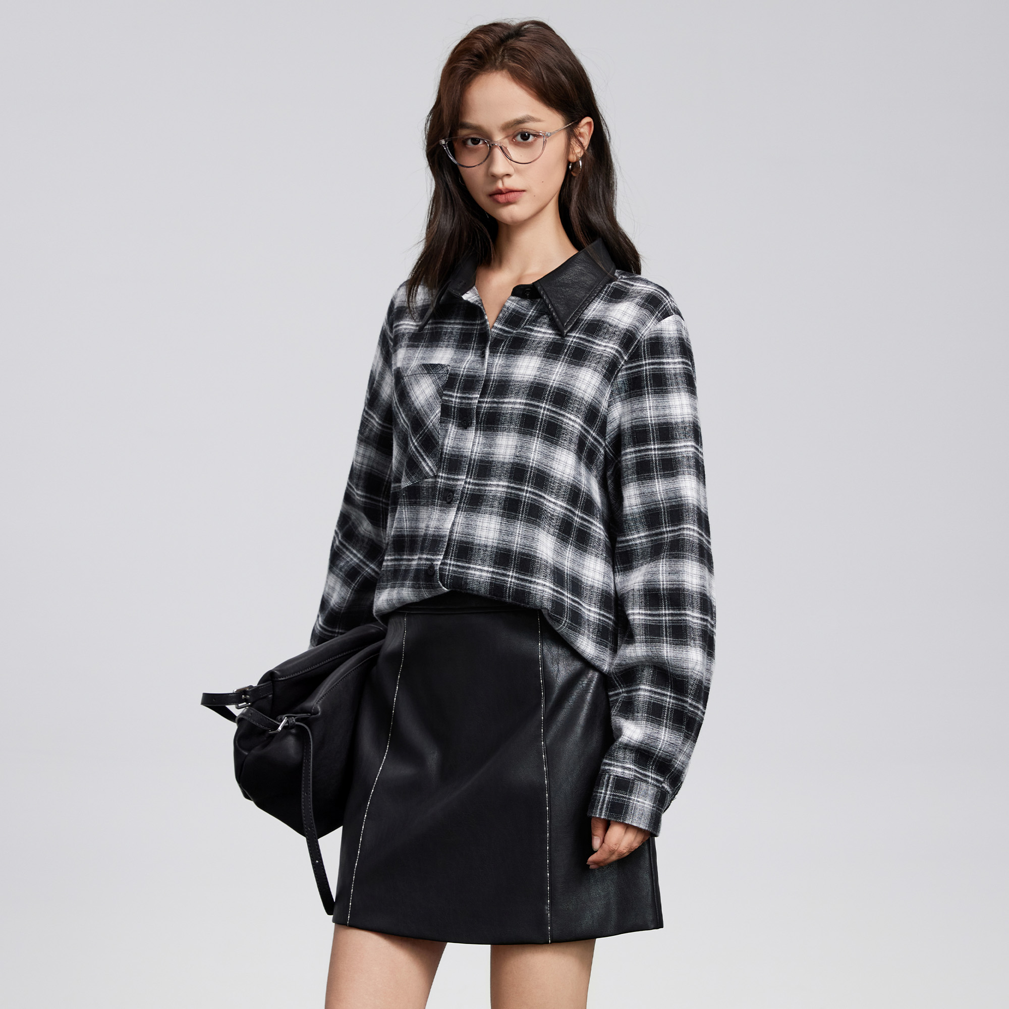Basic House/百家好复古格纹长袖衬衫女2025冬季新款宽松显瘦上衣